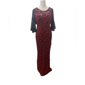 Red & Black Lace Formal Evening Gown Maxi Dress Medium Large